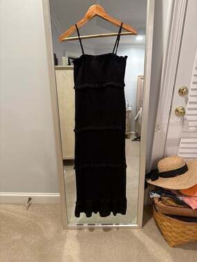 Mable Black Satin Smocked Ruffled Tiered Midi Dress